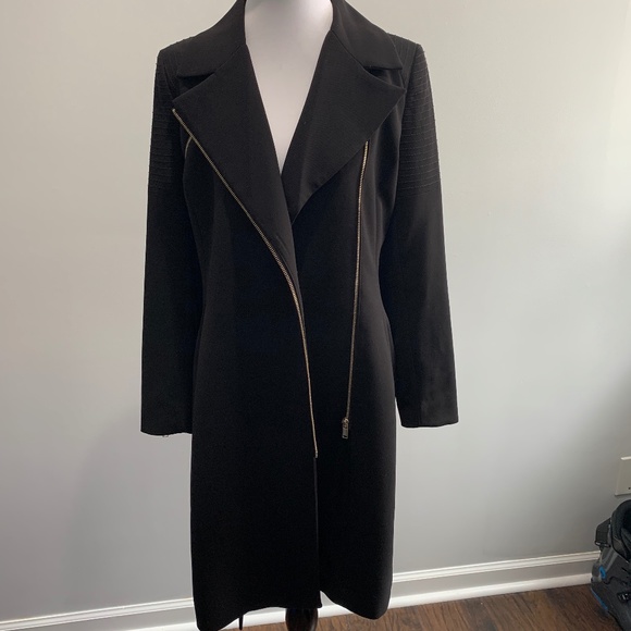 H&M black zip belted long jacket coat Trench SZ 8 Med M overcoat sash tie Moto - Picture 2 of 16